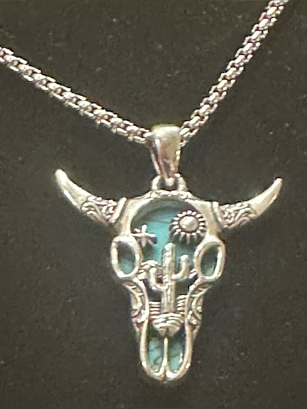 .925 Sterling Silver Turquoise Bull Skull Pendant Necklace -